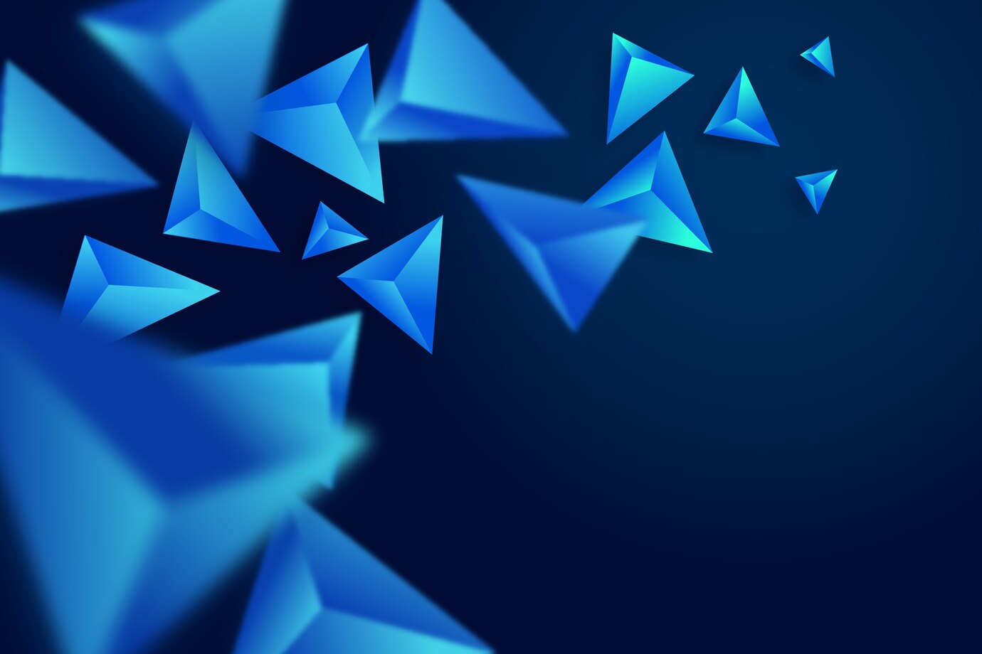 A cluster of glowing blue 3D triangular shapes floats against a dark blue gradient background, evoking bold marketing strategies with its dynamic sense of motion and depth.