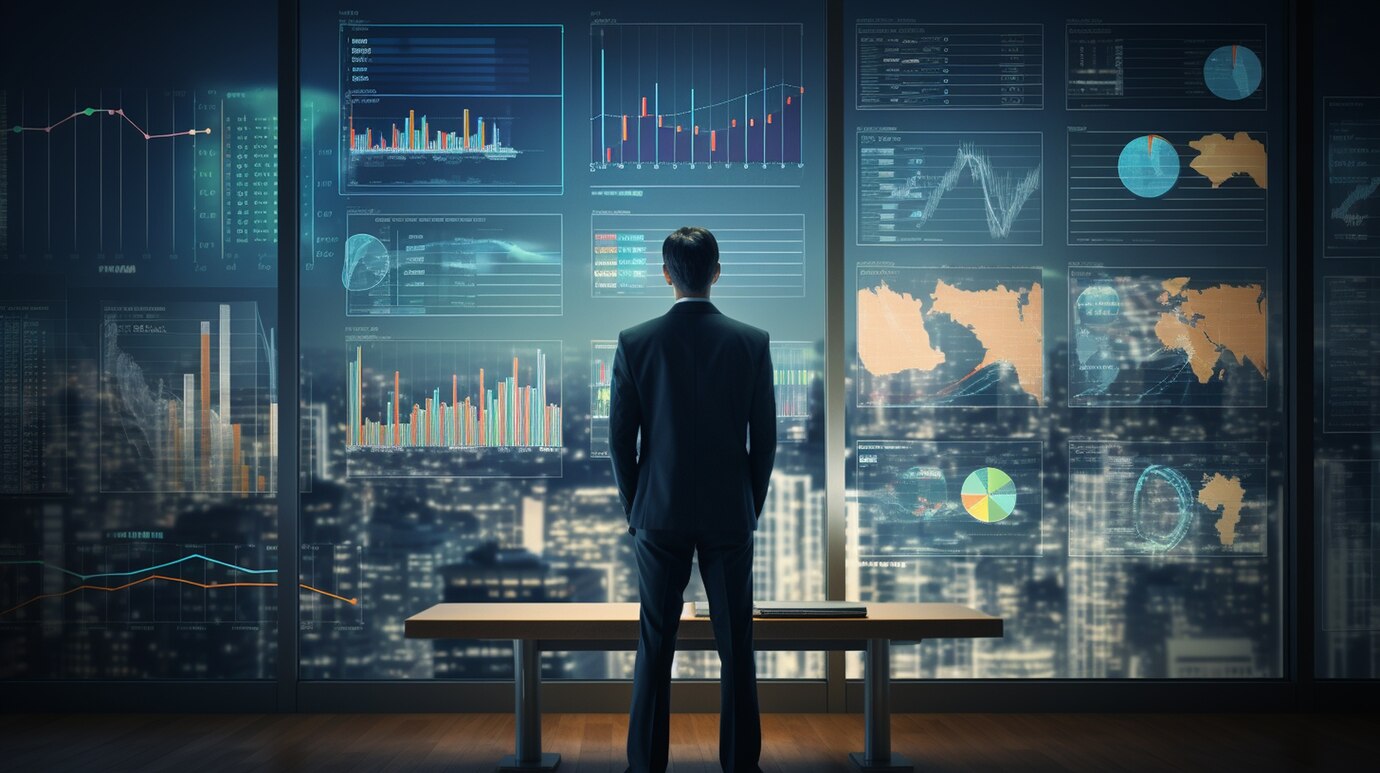 A person in a suit stands before large digital screens displaying charts, graphs, and maps—analyzing traffic sources for Forex—with a cityscape visible through the windows, suggesting data analysis or business strategy.