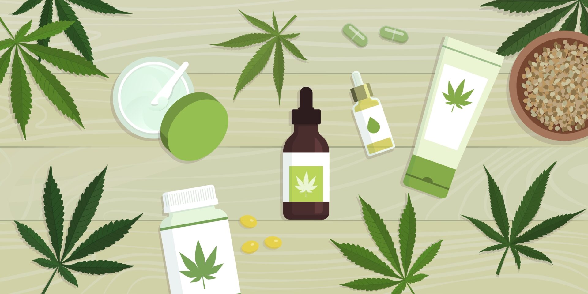 Illustration of various cannabis-based products, including bottles, capsules, ointments, and droppers with cannabis leaf symbols—perfect for showcasing CBD advertising in 2025—surrounded by cannabis leaves on a wooden surface.