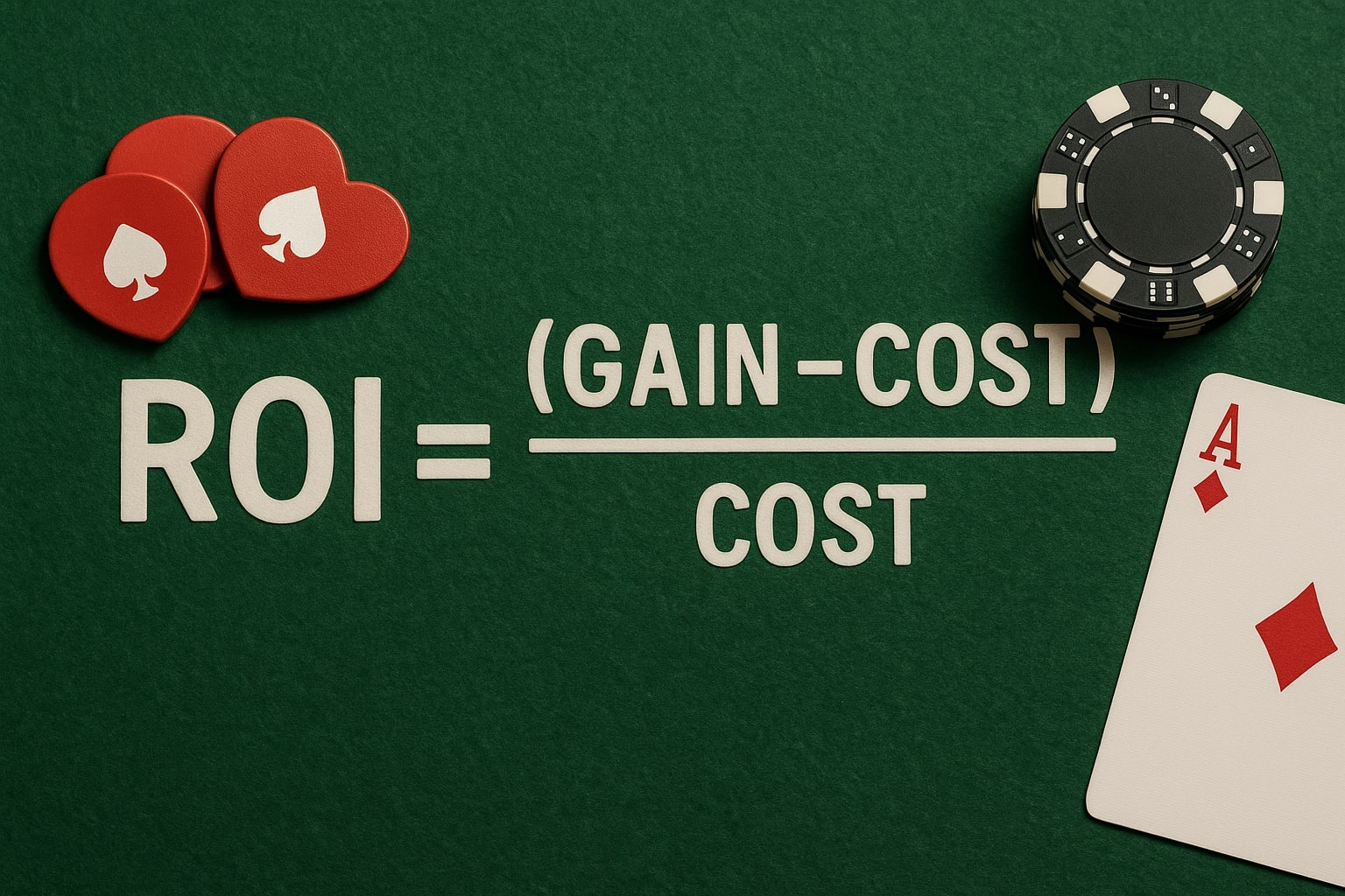A realistic image of the ROI formula — "ROI = (Gain - Cost) / Cost" — displayed in large white text on a green casino table. To the left are three red poker chips shaped like hearts, and to the right are stacked black-and-white chips beside an Ace of Diamonds playing card, symbolizing casino-themed investment or gambling ROI.