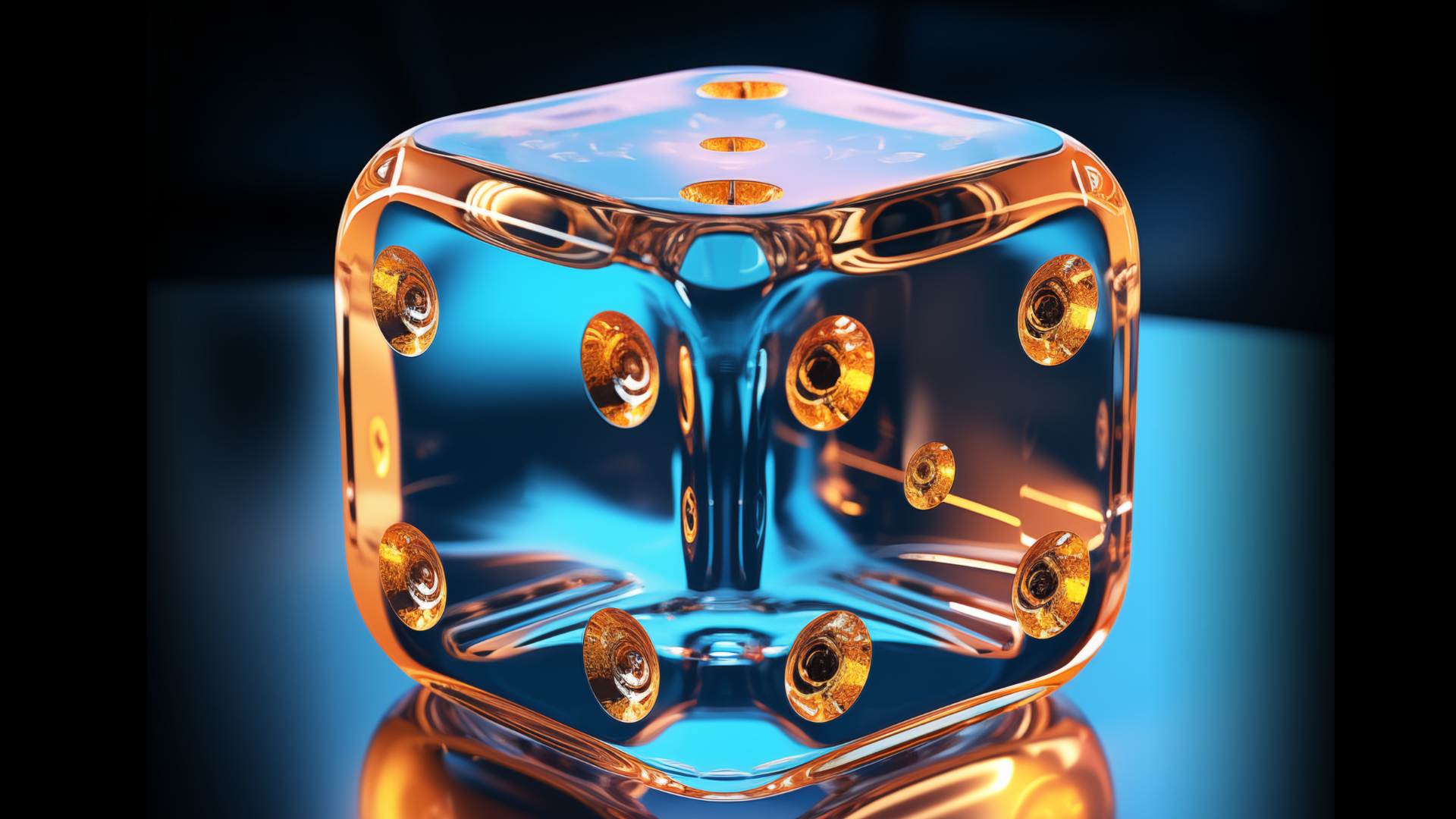 A hyper-realistic 3D rendering of a transparent casino die with glowing golden pips. The die has a glossy, glass-like surface with warm orange highlights and cool blue reflections, set against a dark, blurred background that gives it a luxurious and futuristic casino atmosphere