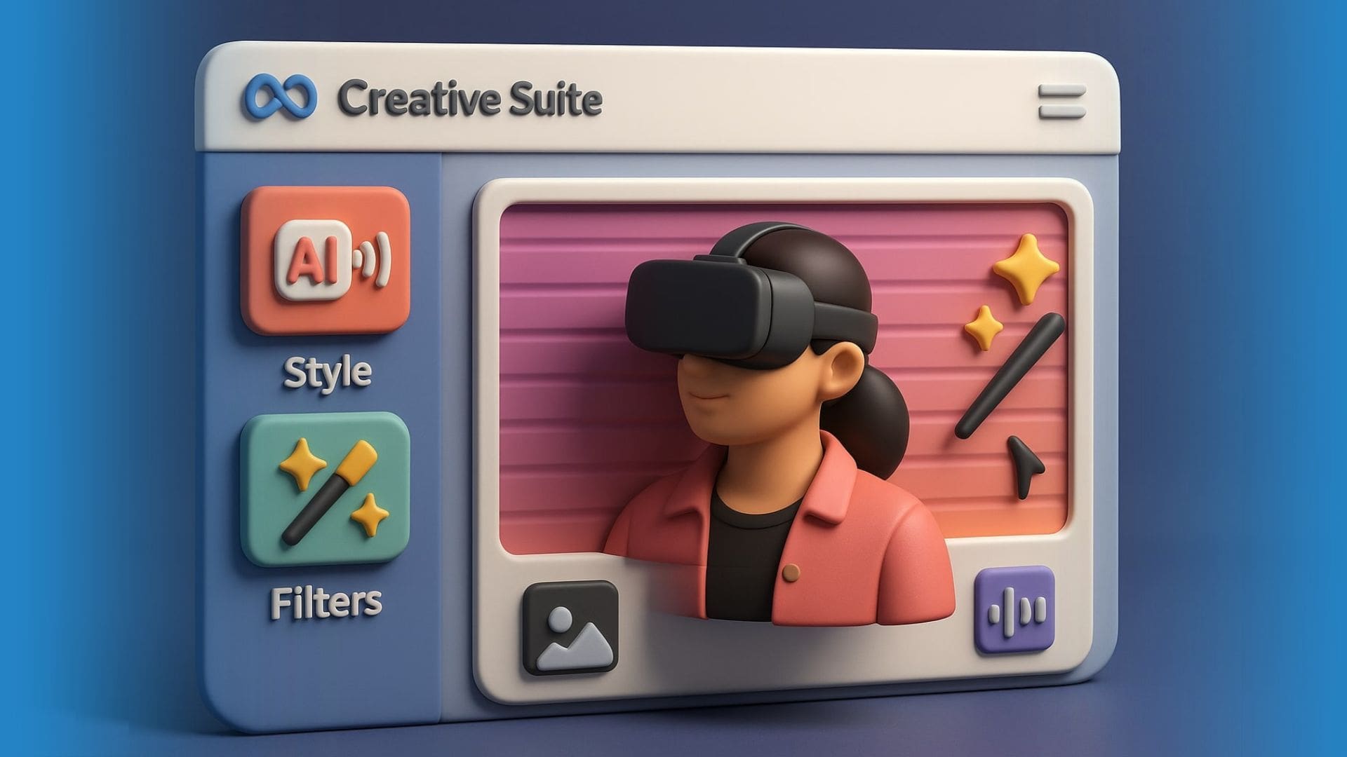 A 3D-rendered digital illustration showcasing Meta’s AI video and photo editing tools, featuring a futuristic workspace with floating interface elements representing voiceover, filters, background replacement, and prompt-based editing—capturing the innovation behind Meta AI’s creative features.