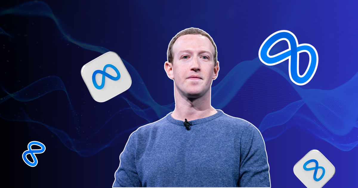 A digital illustration featuring a man in a blue sweater (centered) standing against a dark blue tech-themed background with wavy lines. Surrounding him are multiple floating Meta logos in 3D and flat styles. The overall image represents Meta and its digital presence or announcement.
