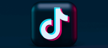 3D rendered TikTok logo icon with neon blue and pink highlights on a dark background.