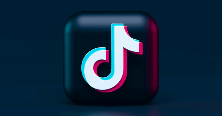 3D rendered TikTok logo icon with neon blue and pink highlights on a dark background.