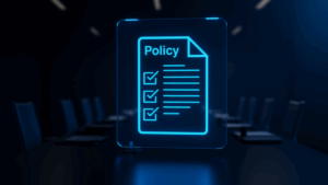 A 3D-rendered holographic icon of a glowing blue policy document with checkmarks, floating in a modern conference room with a dark table and chairs in the background.