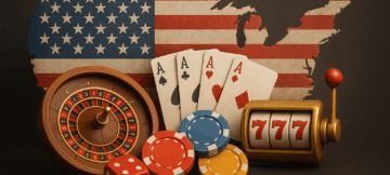 Illustration of USA map with American flag, roulette wheel, poker chips, playing cards, and slot machine representing states where gambling is legal in the U.S.