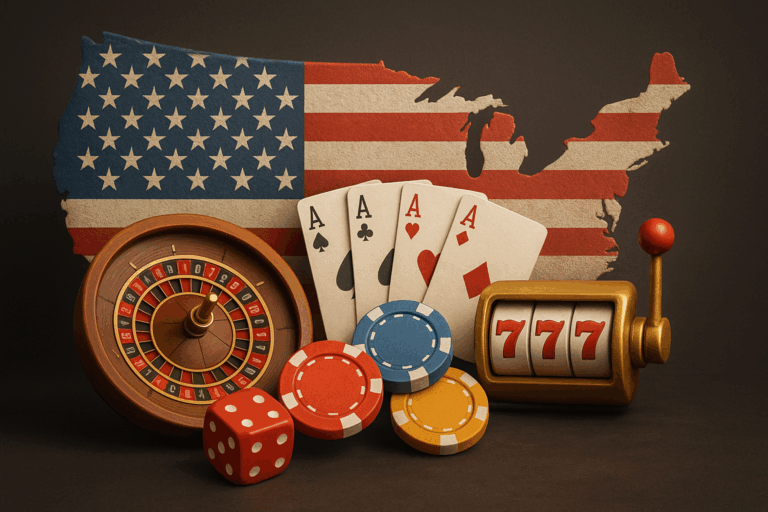 Illustration of USA map with American flag, roulette wheel, poker chips, playing cards, and slot machine representing states where gambling is legal in the U.S.